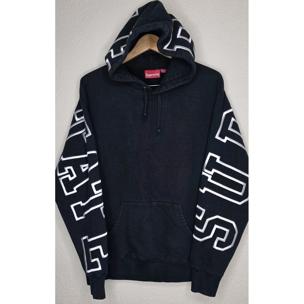 Supreme Embroidered State Hoodie Pullover Heavyweight Black Men L Long Sleeve